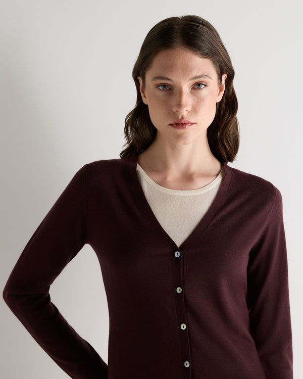 N.Peal Women's Mia Superfine Cashmere V Neck Cardigan Claret Red