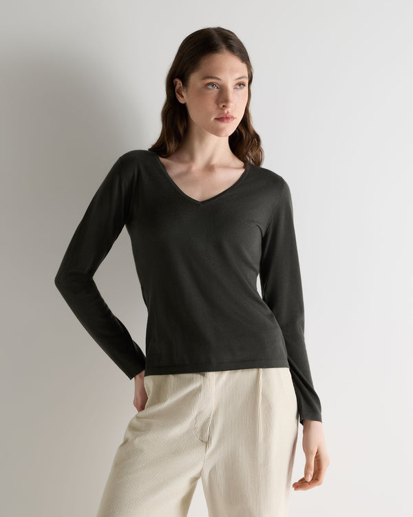 N.Peal Women's Imogen Superfine Cashmere V Neck Jumper Arabica Khaki Green