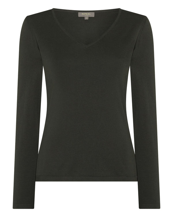 N.Peal Women's Imogen Superfine Cashmere V Neck Jumper Arabica Khaki Green