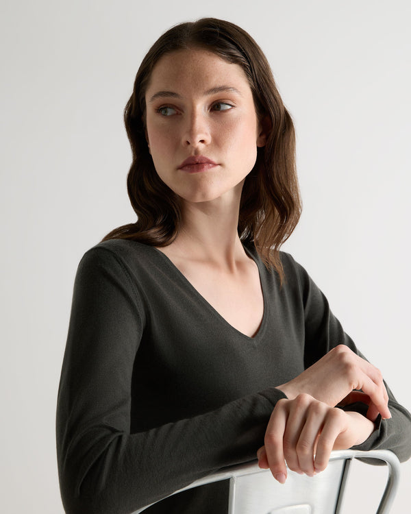 N.Peal Women's Imogen Superfine Cashmere V Neck Jumper Arabica Khaki Green