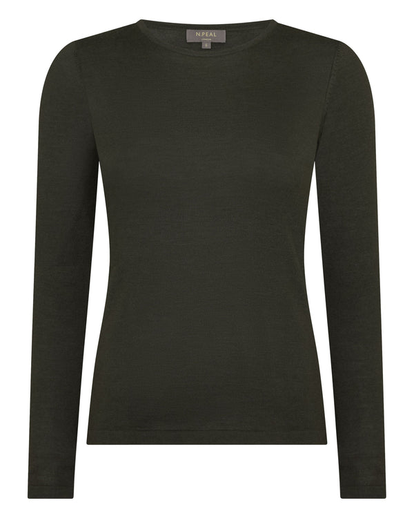 N.Peal Women's Eden Superfine Cashmere Round Neck Top Arabica Khaki Green