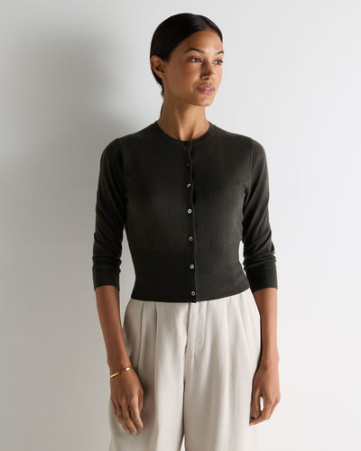 N.Peal Women's Darcie Superfine Cashmere Cropped Cardigan Arabica Khaki Green