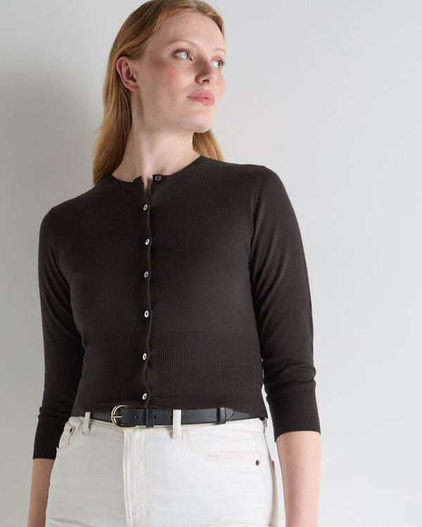 N.Peal Women's Darcie Superfine Cashmere Cropped Cardigan Chocolate Brown