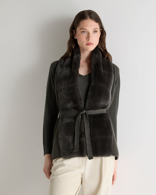 N.Peal Women's Lola Fur Placket Cashmere Gilet Arabica Khaki Green