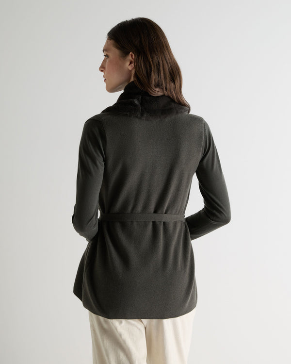 N.Peal Women's Lola Fur Placket Cashmere Gilet Arabica Khaki Green