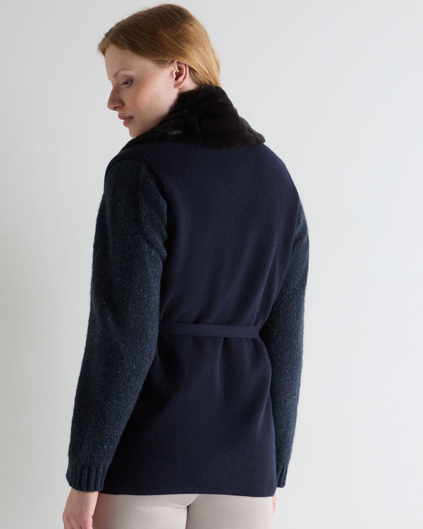 N.Peal Women's Lola Fur Placket Cashmere Gilet Navy Blue