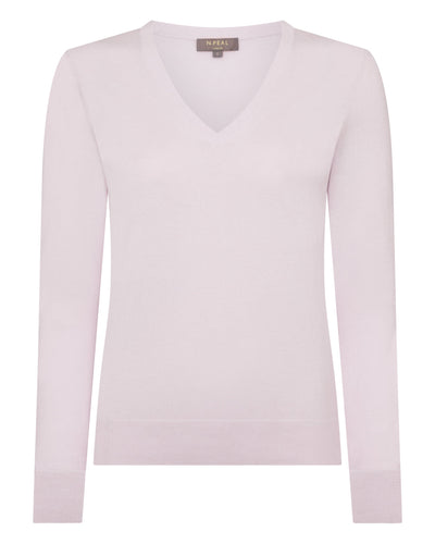 N.Peal Women's Phoebe V Neck Cashmere Jumper Chalk Pink