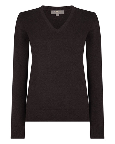N.Peal Women's Phoebe V Neck Cashmere Jumper Chocolate Brown