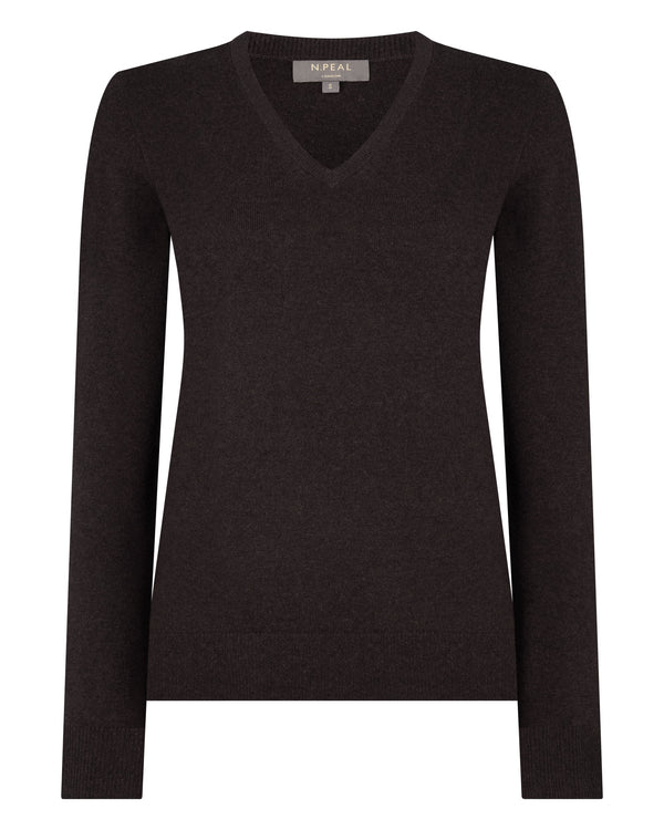 N.Peal Women's Phoebe V Neck Cashmere Jumper Chocolate Brown