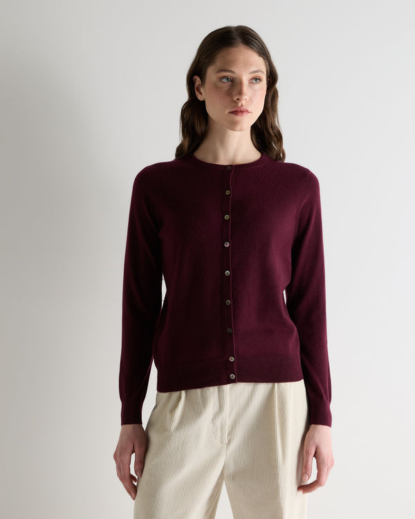 N.Peal Women's Olivia Round Neck Cashmere Cardigan Bordeaux Red