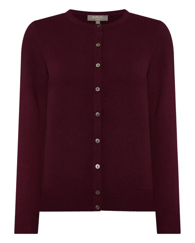 N.Peal Women's Olivia Round Neck Cashmere Cardigan Bordeaux Red