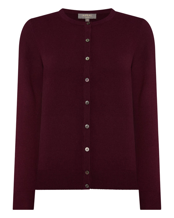 N.Peal Women's Olivia Round Neck Cashmere Cardigan Bordeaux Red