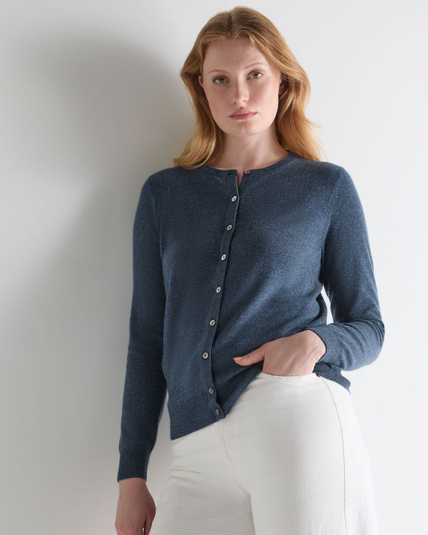 N.Peal Women's Olivia Round Neck Cashmere Cardigan Light Denim Blue