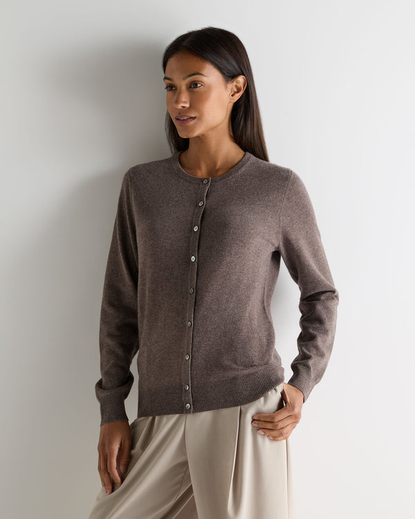 N.Peal Women's Olivia Round Neck Cashmere Cardigan Otter Brown