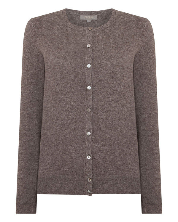 N.Peal Women's Olivia Round Neck Cashmere Cardigan Otter Brown