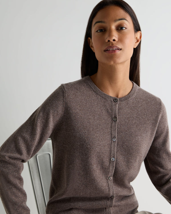 N.Peal Women's Olivia Round Neck Cashmere Cardigan Otter Brown