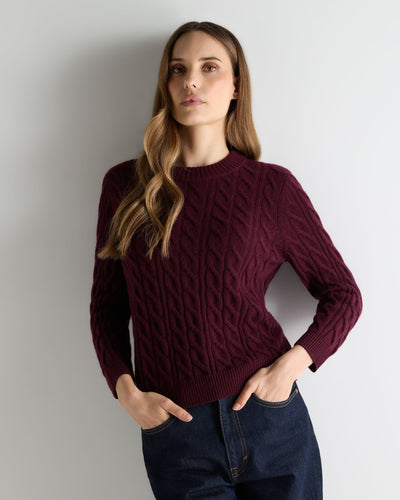 N.Peal Women's Emilia Cable Round Neck Cashmere Jumper Bordeaux Red