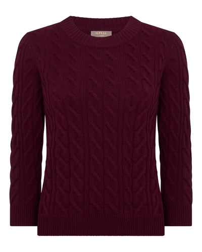 N.Peal Women's Emilia Cable Round Neck Cashmere Jumper Bordeaux Red