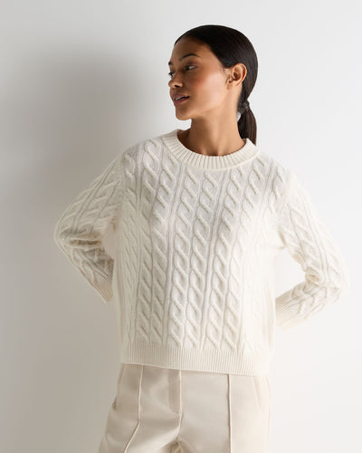 N.Peal Women's Round Neck Cable Cashmere Jumper New Ivory White