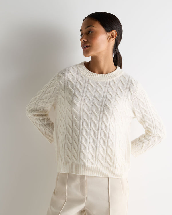 N.Peal Women's Round Neck Cable Cashmere Jumper New Ivory White