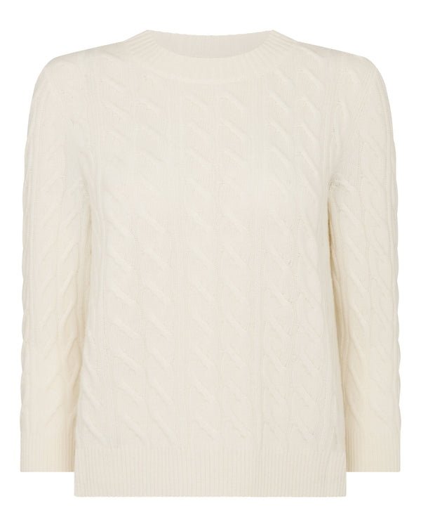 N.Peal Women's Round Neck Cable Cashmere Jumper New Ivory White
