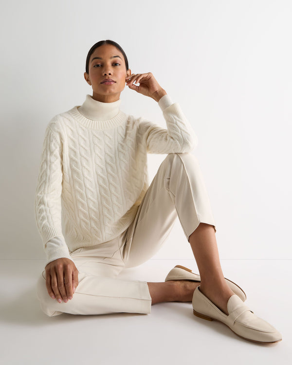 N.Peal Women's Round Neck Cable Cashmere Jumper New Ivory White