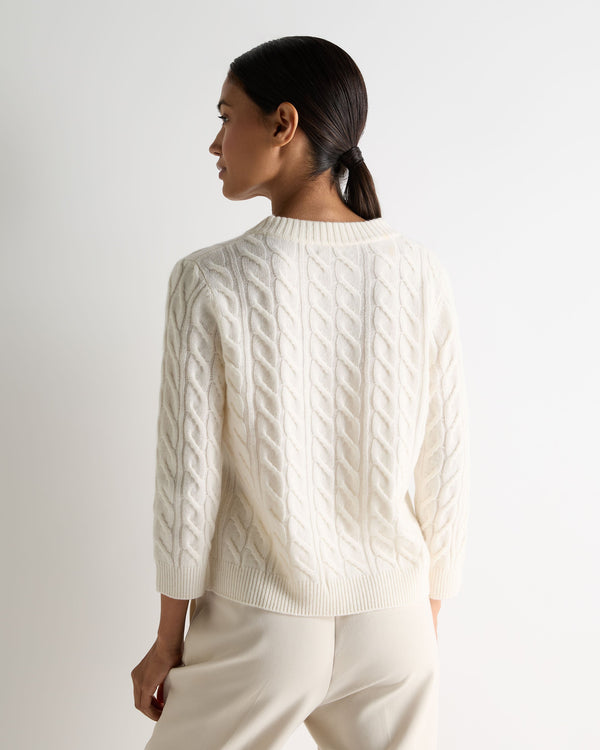 N.Peal Women's Round Neck Cable Cashmere Jumper New Ivory White