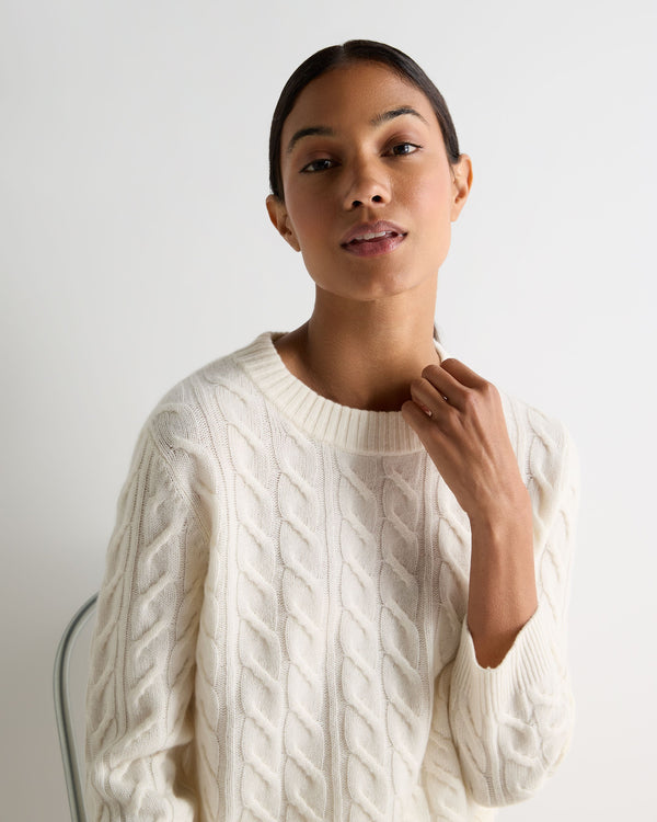 N.Peal Women's Round Neck Cable Cashmere Jumper New Ivory White