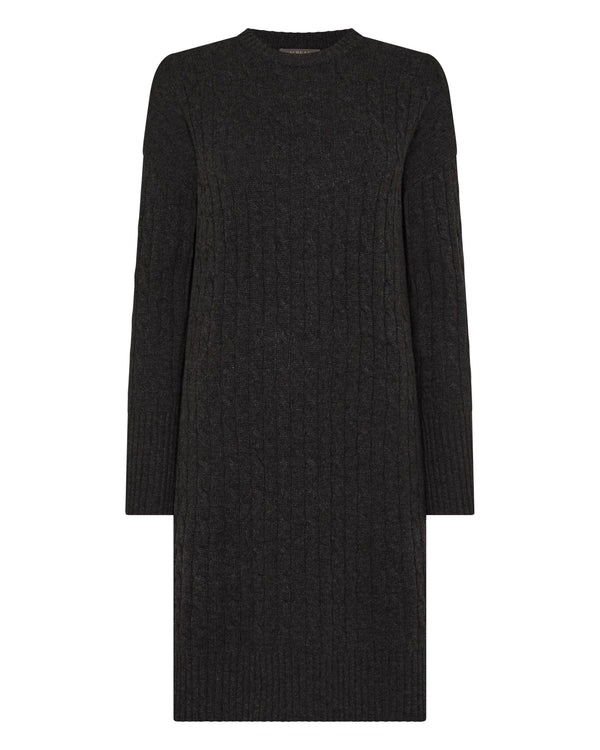 N.Peal Women's Bella Round Neck Cable Cashmere Dress Deep Charcoal Grey
