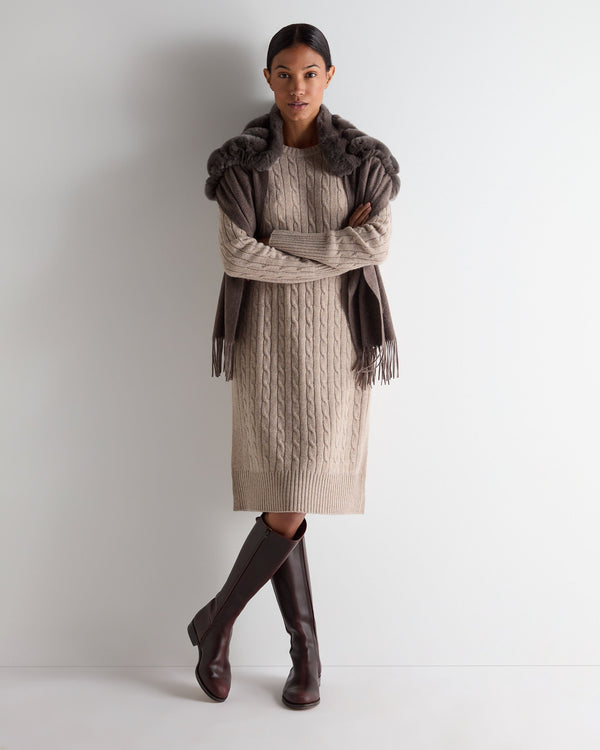 N.Peal Women's Bella Round Neck Cable Cashmere Dress Oatmeal Brown