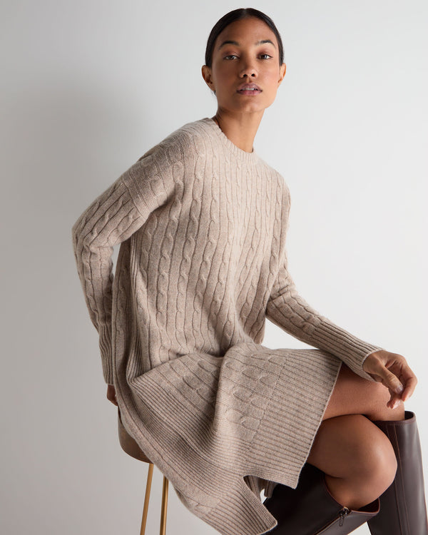 N.Peal Women's Bella Round Neck Cable Cashmere Dress Oatmeal Brown