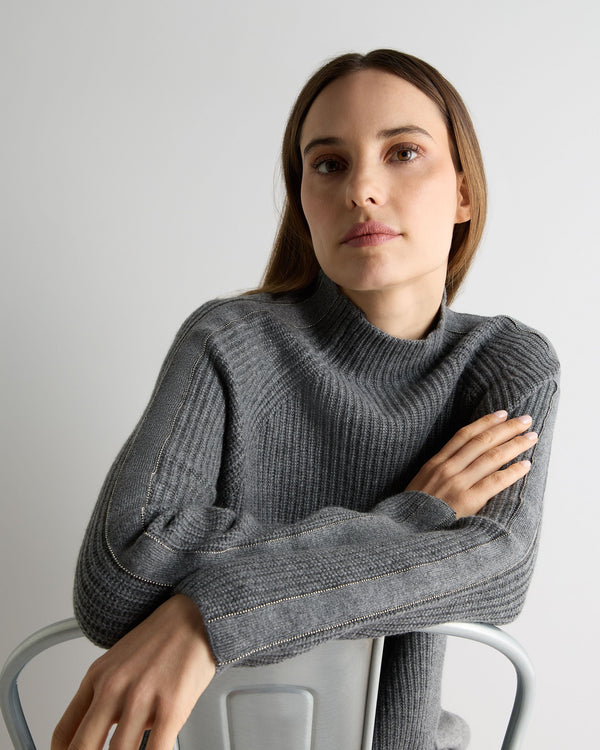 N.Peal Women's Metal Funnel Neck Cashmere Jumper Elephant Grey