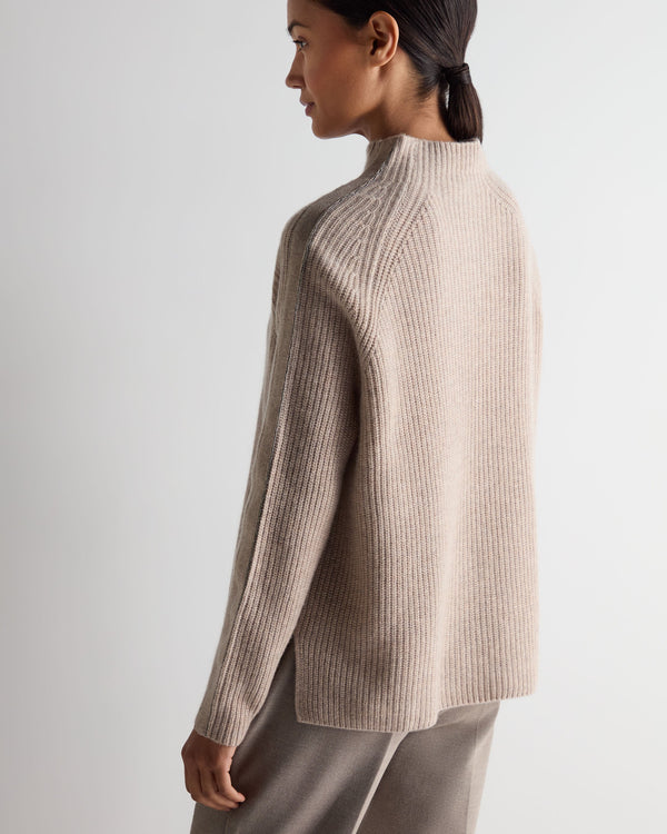 N.Peal Women's Metal Funnel Neck Cashmere Jumper Oatmeal Brown