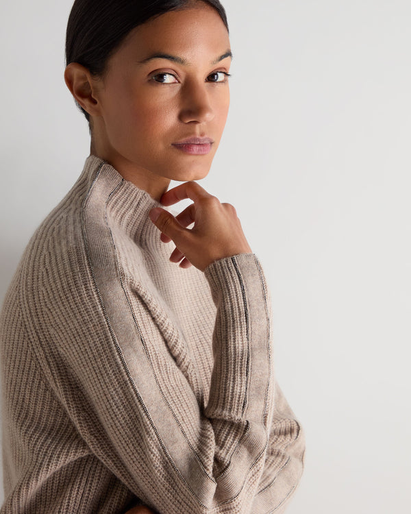 N.Peal Women's Metal Funnel Neck Cashmere Jumper Oatmeal Brown