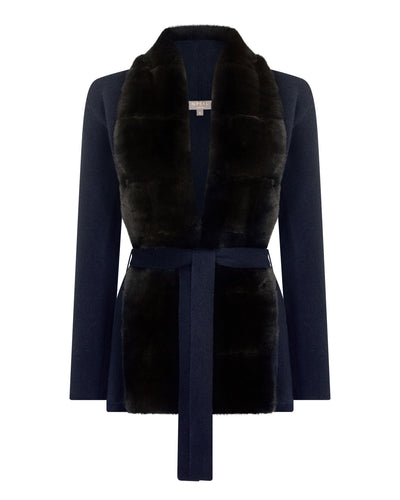 N.Peal Women's Ruby Herringbone Fur Cardigan Navy Blue