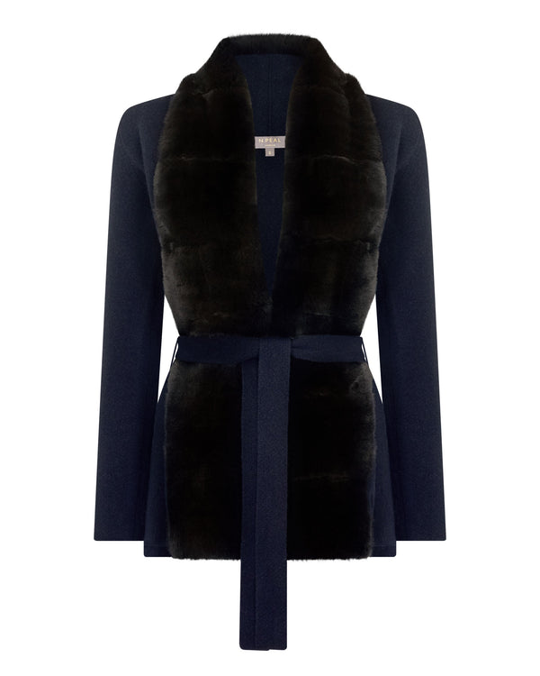 N.Peal Women's Ruby Herringbone Fur Cardigan Navy Blue