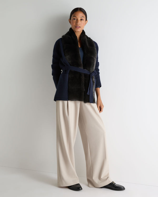 N.Peal Women's Ruby Herringbone Fur Cardigan Navy Blue