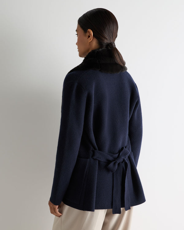 N.Peal Women's Ruby Herringbone Fur Cardigan Navy Blue
