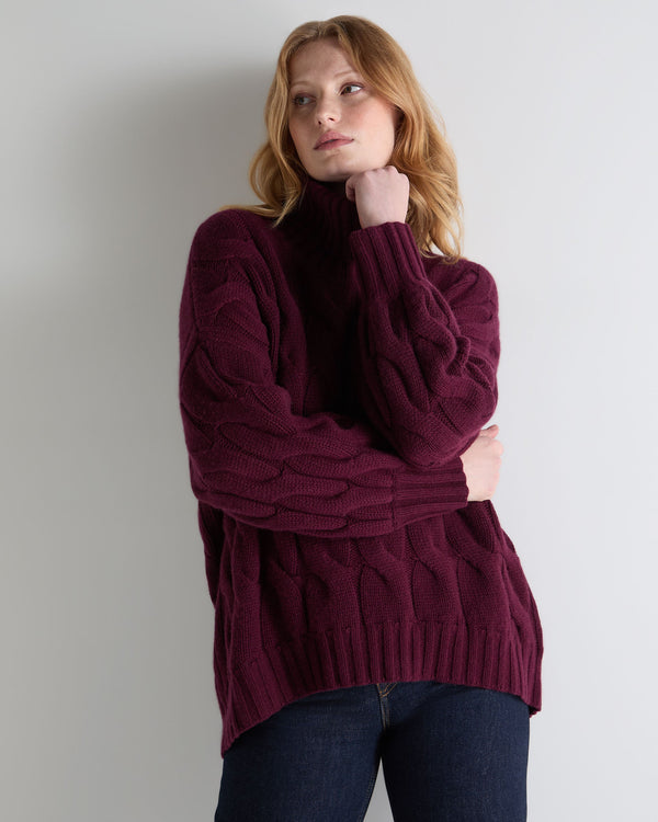 N.Peal Women's Hana Chunky Cable Roll Neck Cashmere Jumper Bordeaux Red