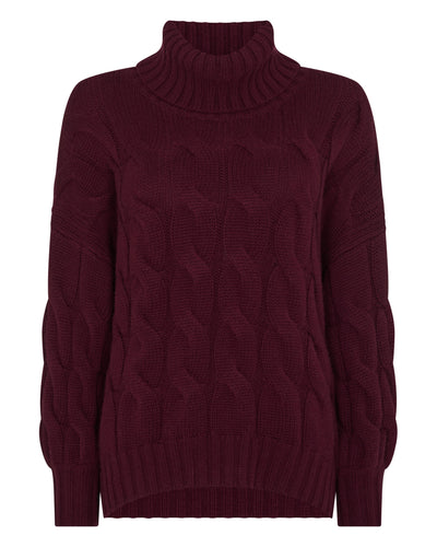 N.Peal Women's Hana Chunky Cable Roll Neck Cashmere Jumper Bordeaux Red
