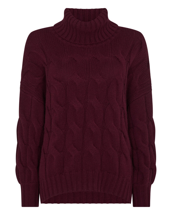 N.Peal Women's Hana Chunky Cable Roll Neck Cashmere Jumper Bordeaux Red
