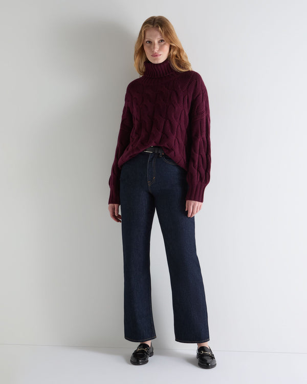 N.Peal Women's Hana Chunky Cable Roll Neck Cashmere Jumper Bordeaux Red