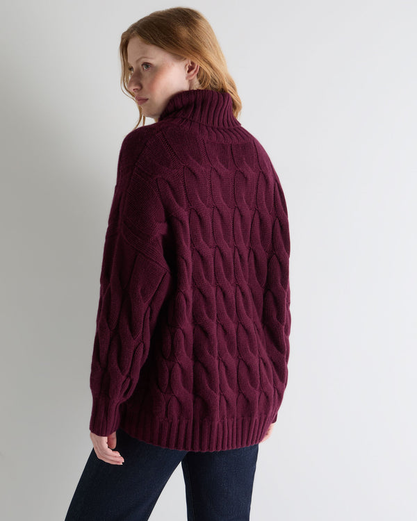 N.Peal Women's Hana Chunky Cable Roll Neck Cashmere Jumper Bordeaux Red