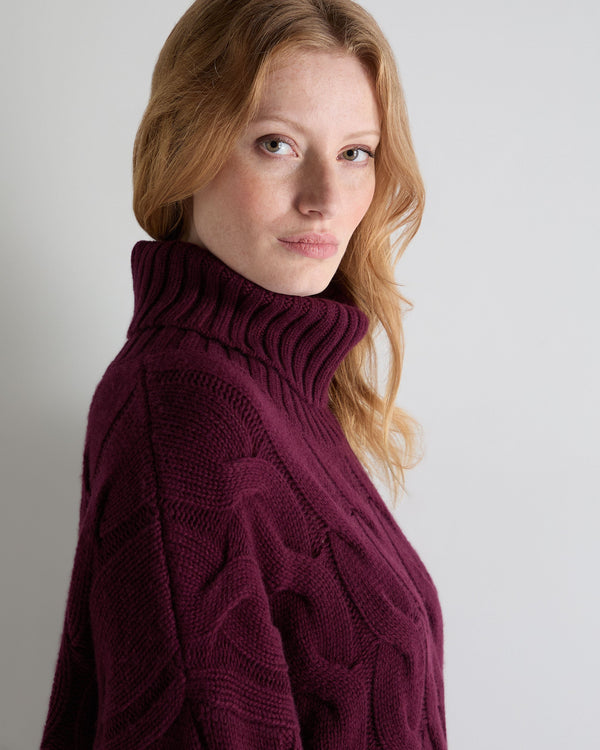 N.Peal Women's Hana Chunky Cable Roll Neck Cashmere Jumper Bordeaux Red