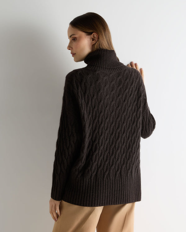 N.Peal Women's Emmie Relaxed Cable Roll Neck Cashmere Jumper Chocolate Brown