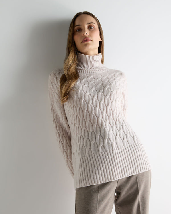 N.Peal Women's Emmie Relaxed Cable Roll Neck Cashmere Jumper Frost White