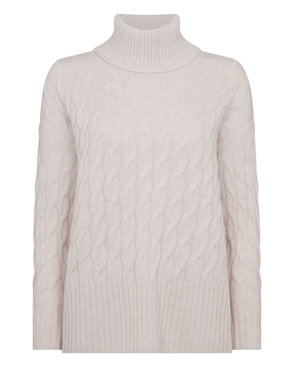 N.Peal Women's Emmie Relaxed Cable Roll Neck Cashmere Jumper Frost White