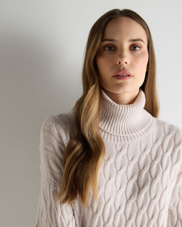 N.Peal Women's Emmie Relaxed Cable Roll Neck Cashmere Jumper Frost White