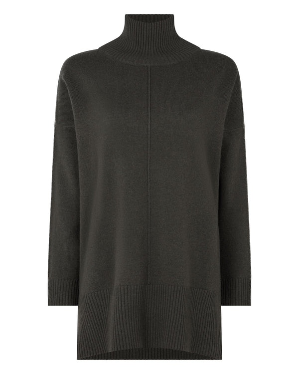 N.Peal Women's Mock Neck Long Cashmere Jumper Arabica Khaki Green