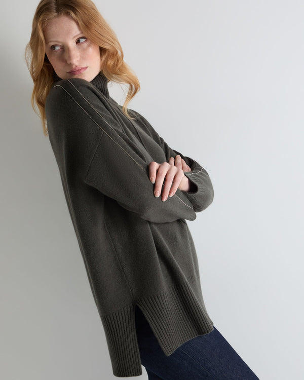 N.Peal Women's Mock Neck Long Cashmere Jumper Arabica Khaki Green